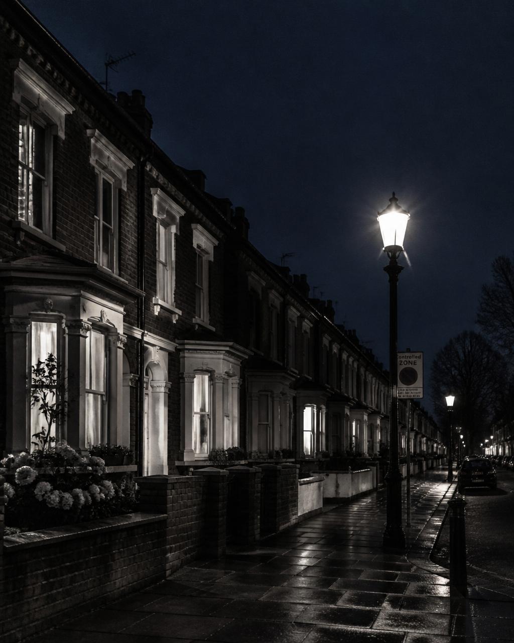 A quiet North London Victorian terrace at dusk, lit by a single street lamp